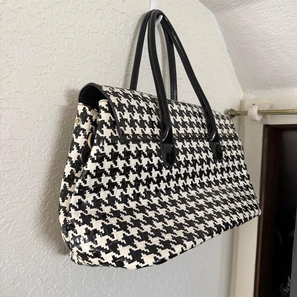 Unbranded Houndstooth Satchel Tote Womens Large Black White Glossy Patent Retro
